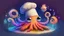 Placeholder: 'Chef Octopus' - a colourful magical octopus in a chef hat, getting ready to cook dinner; cute, cartoon style, big eyes, adorable, glittery, sparkly, radiant, glowing, kitchen, magical