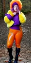 Placeholder: Bright-color-haired woman.thick thighs,thick calves,flat belly,curvy fell, fit, slim. Mantle is sewed of upcycled Denim and sewed together of camouflage pieces. Pieces' color are orange, cream and purple. Cream latex gaiters.It is with big bright purple felt tippet and cream-colored-hood. mantle has a hood. Big AKG-style headphones (gold rings!) is merged with small felt cap with small visor. Style: Haute Couture in 1920's, N.Y.C fashion in 1996, inspired by street art.