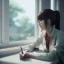 Placeholder: female student studying by the window, anime style,perfect face, cool face, ultra detail, unreal engine 5, cinema4d, sun light, studio lighting --ar 1:1 --v 4