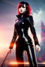 Placeholder: anime vampire, portrait from waist up, pale skin, latex and leather attire,, intricate eyeliner, vibrant eyeshadow, clear completion, soft lighting, 4k resolution, intricate details, insanely detailed, colorful cityscape background, masterpiece, expert, cinematic smooth, retroanime style, realistic details, no helmet