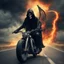 Placeholder: occult transience, Grim Reaper with scythe on a motorcycle on surreal burning highway, failing the reality test, horror poster, sinister, profound, fantastical