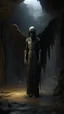 Placeholder: A tall and very skinny hooded Angel with wings , thick layer of dark brown corrosion , standing in front of a dark cave, Bosch painting style , of a nightmare , hyper photorealistic, hyper detailed dark , high resolution, fog, octane render, tilt shift, 8k ,