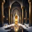 Placeholder: Hyper Realistic Big golden Crystals on snow Inside a Dark Abandoned Mosque with beautifully crafted pillars at dark night