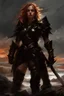 Placeholder: A formidable warrior girl in black armor, on the background Amazing gloomy landscape, flooded with sunset, mountains, trees, fabulous scary hero, , juicy emotions, painting, dark fantasy, gloomy day, dark world, portrait, by James Paick & Anna Razumovskaya