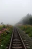 Placeholder: a train tracks in it a lot of colorful wild flowers , a train shows is coming forward , foggy, cloudy gray sky, and thunders , a side view of a dear legs stocked and it can not move