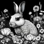 Placeholder: black and white Patagonian Mara between seeds and big flowers black background. for a coloring. with grayscale