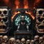 Placeholder: DJ of the damnded, insanely detailed DJ booth in hell, MID set, speakers and equipment made of bone, anatomically correct, add more skulls in th audience, photorealism, vray, 8k 3d