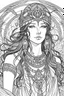 Placeholder: Portrait of Egyptian goddess in turban and long black hair and loads of jewellery painted by brush in style of Alfons Mucha for coloring