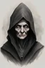 Placeholder: a monstrous black-robed old hooded woman, small, divergent eyes, sketchdrawing by Keith Thompson