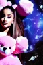 Placeholder: Ariana Grande floating in space with fluffy teddy bears high quality high detail high contrast