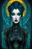 Placeholder: Create a wild, imaginative, full body, cybernetics enhanced goth girl with highly detailed facial features, in the vector graphic style of Nirak1,Christopher Lee, and Cristiano Siqueira, vibrant colors, sharply defined, 2d vector