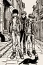 Placeholder: three teenage street children two boys and one punk girl in book-cover poses on the screen of an old town plus a black cat as a companion, graphic style