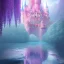 Placeholder: a pink castle, magical crystal pink castel, vertical light, pink and blue wisteria , pink vertical, blue lake,sharp, background vertical blue gradient vertical, elegant, highly detailed, artstation, concept art, smooth, sharp focus, illustration, 8k, splash art, wallpaper, key visual