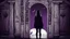 Placeholder: dark night, horror, possesed girl standing in front of ancient wooden door, door is closed and locked with padlock, moon light is coming from one side, mix moon light with purple and red lights