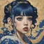 Placeholder: A portrait of a Singer Melanie Martinez face, cyberpunk, painting by Katsushika Hokusai, darkblue and gold tones,