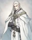 Placeholder: a young High Elf frost Wizard with long wiry hair, wearing a black trimmed white nobleman's robe and frost ornaments on clothes, with a small weasel on his shoulder