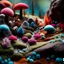 Placeholder: Close-up photograph of a landscape made of felt, animals, fungi, crystals, mineral concretions, extreme detail, intricate, colours, Tim Burton, rich moody colors, sparkles, bokeh, 33mm photography