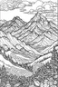 Placeholder: A mountain plateau with sweeping landscapes, untouched nature, and a feeling of freedom, intricate coloring page for adults, contour, vector, clean line art, white background, detailed, black and white, in the style of kalamkari design