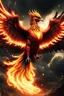 Placeholder: Create a ultra high definition and photorealistic image, 12k quality of a beautiful phoenix, majestic and strength showing, emphasis on texturized claws, upclose with a front view flying towards the camera, centre of an explosive and chaotic background scene of Armageddon where he is followed by demon like dark clouds in persuit trying to grab him, phoenix has striking eyes and determined look, majestic wings folded inwards in flight, bright auburn, black, white, grey and yellow colours, gothic