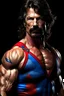 Placeholder: extremely muscular, short, curly, military-style haircut, pitch black hair, with mustache and pointed goatee, Paul Stanley/Elvis Presley/Pierce Brosnan/Jon Bernthal/Sean Bean/Dolph Lundgren/Keanu Reeves/Patrick Swayze/ hybrid, as the extremely muscular Superhero "SUPERSONIC" in an original patriotic red, white and blue, "Supersonic" Super suit with with an America Flag Cape,