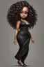 Placeholder: create a digital airbrush image of a chibi curvy black female wearing a black maxi dress and black sandals. Prominent make up with brown eyes. Highly detailed wild tight curly hair.