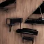 Placeholder: Grand piano on wooden floor, black background