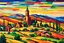 Placeholder: create a panoramic landscape of an ancient southwestern mission church in the fauvist, expressionist art style of Oskar Kokoschka, Andre Derain , and Georges Rouault, highly detailed, 4k,