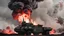 Placeholder: MILITARY VEHICLE CARRYING LARGE MISSILE, BLACK, SMOKE BACKGROUND WITH RED EXPLOSIONS