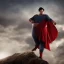 Placeholder: Fat Superman stands on a mountain, realistic, midjourney, dramatic light, close up, smoky background, cinematic