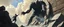 Placeholder: epic fantasy illustration, black giant throwing pushing marble stone sculpture into wall
