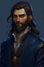 Placeholder: young half-elf man, pointy ears, fat, tan skin, well-dressed in black and dark blue clerical clothing, long hair, scruffy beard, brown hair