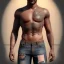 Placeholder: A waist to head shirtless muscular man with gang tattoos all over him and lots of chest hair, and ripped jeans. He has sunglasses, a towel around his shoulders, and a blonde moustache