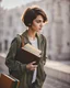 Placeholder: portrait pint of color photo of a student girl 22 years old ,short hair with her books in her hand walking in street,next to trees.close up