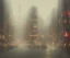 Placeholder: misty foggy area with a spirit in the middle of a bright japanese city at night