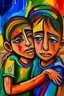 Placeholder: a girl hug her brother and both crying sadly, expressionism, Pixar style, in abstract art Basquiat, Picasso, Miro, Kandinsky, Klee, Birell, Fairey, Ardon, Buffet aand Picasso style, HD --s 750 --v 5.1 --style raw, water color