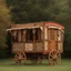 Placeholder: Old fashioned gypsy wagon decorated, curtains fluttering in the wind,