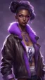 Placeholder: arcane tv show style, league of legends, solo, 1girl, attractive teenager, african, dark skin, dark-brown eyes, black hair, pair buns, (violet strand in forehead bang), necklace, earrings, modern makeup, (detailed skin texture), old leather jacket with violet fur collar, oversized torn t-shirt with half-erased unknown music group logo, You can see through the wide holes in the t-shirt her acid-green sport top, dark background, bokeh, cinematic atmosphere