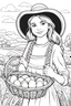 Placeholder: B/W outline art,coloring book page, full white, super detailed illustration for adult,cartoon style "Beautiful Country Girl: Little Girl in a Rural Hat Carrying a Basket of Eggs" coloring pages, crisp line, line art, high resolution,cartoon style, smooth, law details, no shading, no fill, white background, clean line art,law background details, Sketch style, strong and clean outline, strong and black outline