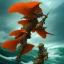 Placeholder: an ibis warrior in orange and green full battle armor, a highly detailed illustration, background of crashing ocean waves, realistic render, 8 k, micro detail, intricate, elegant, centered, digital painting, Artstation, smooth, sharp focus, illustration, artgerm, tomasz alen kopera, peter mohrbacher, donato giancola, joseph christian leyendecker, wlop, boris vallejo