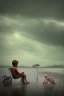 Placeholder: young boy beside dead man on beach, dark storm clouds overhead, gloomy, bleak, shopping trolley on side, dusk. the road cormac mccarthy