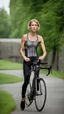 Placeholder: photography of a beautiful anorexic woman, grey satin triathlon top, sports illustrated, blond short wavy bob haircut, pronounced sternum, flat chest, anthracite cycling leggins