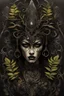 Placeholder: portrait vantblack pouring Acrylic an cyberpunk shaman woman extremely textured botanical-metal faced portrait with a voidcore metal gothica headdress with metallic filigree gothica ornaments around onix stones mineral stone metallic watercolour an black ink filigree silver voidcore shamanism foral ornaments plants and tree branches black ink on half face masque gothica filigree voidcore athmospheric organic bio spiral ökoart creepy stunning