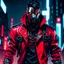 Placeholder: Half-demon male cyberpunk assassin wearing a metal mask, red jacket