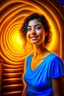 Placeholder: awake inside a dream, woman smiling online in the style of a master italian painter, spray paint, photo realism, trending on art station, 8k, depth of field, down light, light rays, volumetric, reflective spiral staircase, blue, yellow, golden brown and orange