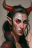 Placeholder: Portrait of a young and beautiful female Tiefling bard with red skin, two horns emerging from her forehead and long black hair with sidebangs and a ponytail.