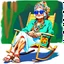 Placeholder: Whimsical drawing of a 70-year-old old lady dressed like a hippie from the 1960s, with a colorful headscarf covering her white headscarf, Yoko Ono-style sunglasses, a shirt with the symbol of the peace movement, floral long sleeves, sandals with red, green, blue striped socks Vesgol is relaxing in a rocking chair outside, holding a beer mug in one hand and a whiskey bottle in the other, next to her is a small table with a pile of empty beer bottles, Y. The peaceful setting includes a stunning vi