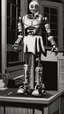 Placeholder: Generate a spine-chilling Halloween horror scene featuring a robot chicken as if it's a character from a terrifying movie, with eerie lighting and a haunting atmosphere."
