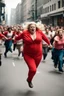 Placeholder: an obese terrified blonde woman in a red pant suit desperately running away from an angry mob of thousands of people chasing her down a city street