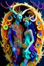 Placeholder: "Satyr Union"; surreal Satyr and Nymph couple wearing colorful Royal wedding attire made with quilling found in nature; Avant-garde