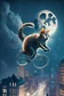 Placeholder: A pedaling cat riding a bicycle is flying at night in the sky over tall buildings.